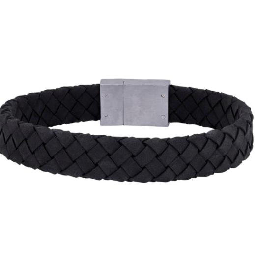 Herrearmbånd - Sort flettet læder 12mm med stål