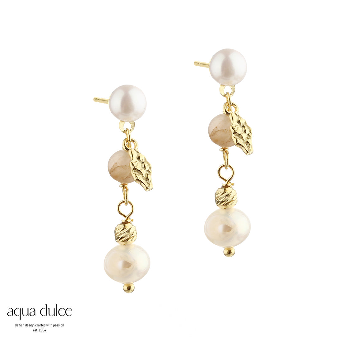 Aqua Dulce - Golden Earring i forgyldt sølv med hvide perler og sten i varme farver