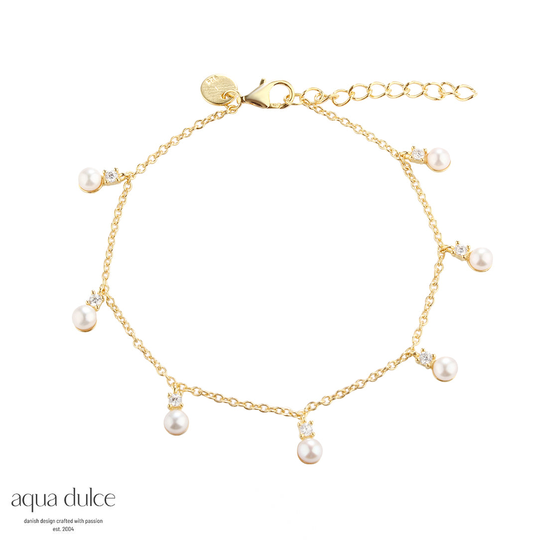Aqua Dulce - Darling Bubbles armbånd med perle og cz vedhæng i forgyldt sølv