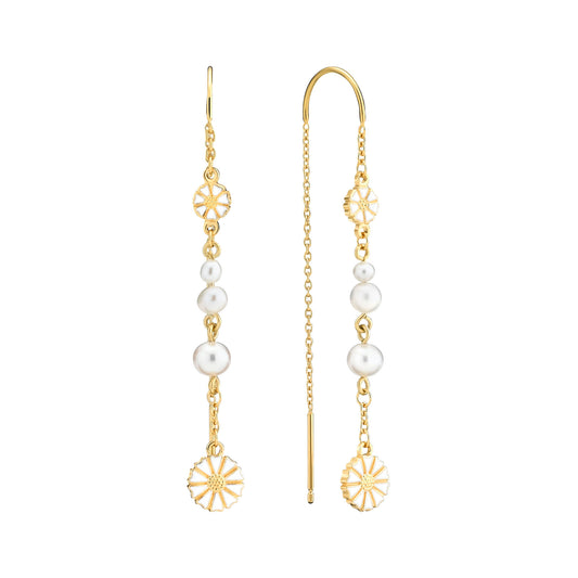 Lund of Copenhagen - Ørehængere med margueritter og hvide ferskvandsperler i 18kt forgyldt sølv
