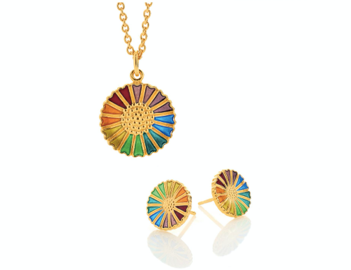 Lund og Copenhagen - Marguerit halskæde med multifarvede emalje blade 18mm forgyldt