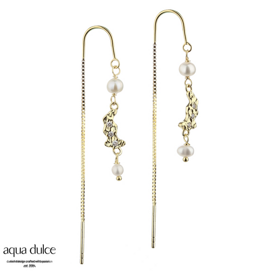 Aqua Dulce - Pretty Pearl Tread ørestråde med perler og rufflet overflade i forgyldt sølv