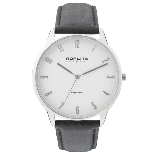 Norlite - Herreur i stål med hvid skive og sort læderrem