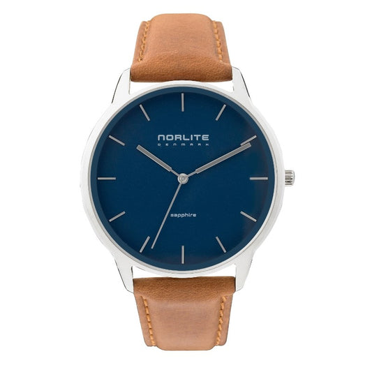 Norlite - Herreur i stål med blå skive og brun læderrem