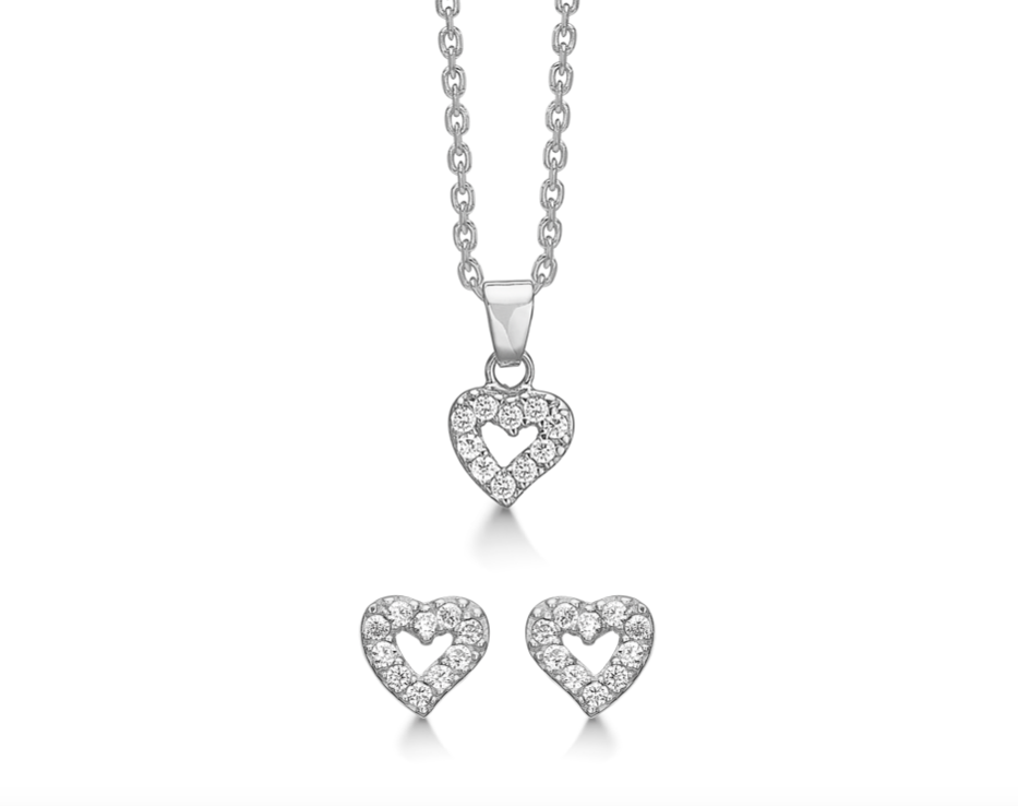 Støvring Design - Smykkesæt, hjerter med hvide cz i rhodineret sølv