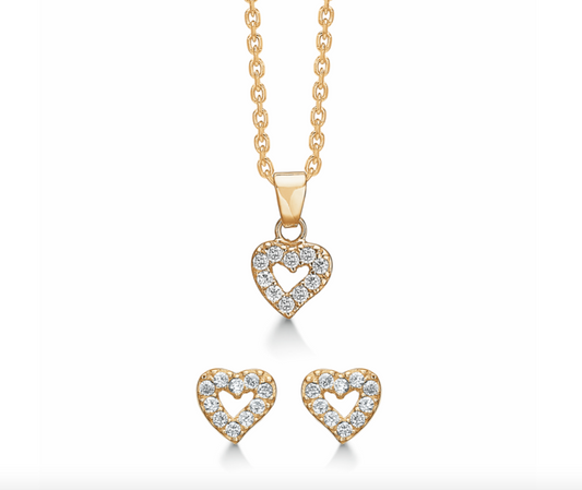 Støvring Design - Smykkesæt med åbne hjerter, besat med hvide cz. i forgyldt sølv