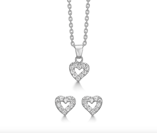 Støvring Design - Smykkesæt med åbne hjerte besat med hvide cz i sølv