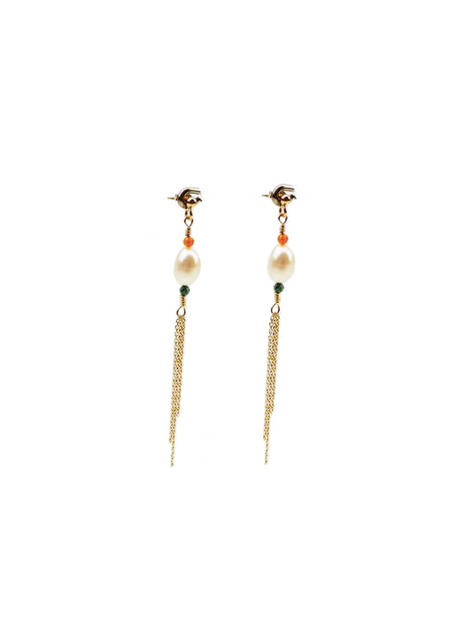 SAN - Øreringe med kæder, indiske agat sten og fwp. perler i 18kt forgyldt sølv